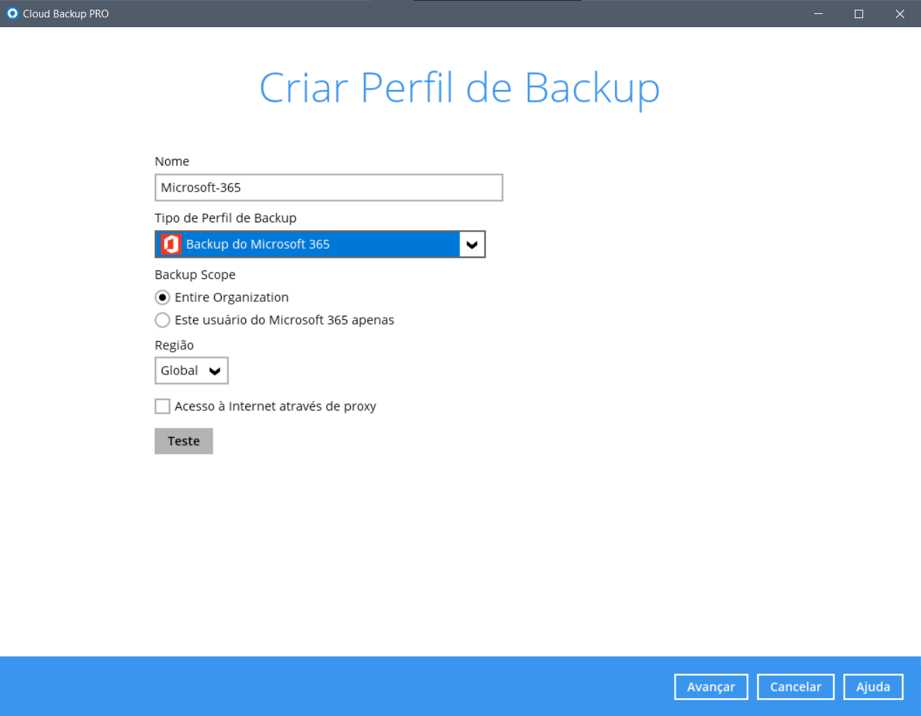 Tela de criação de perfil de backup na plataforma