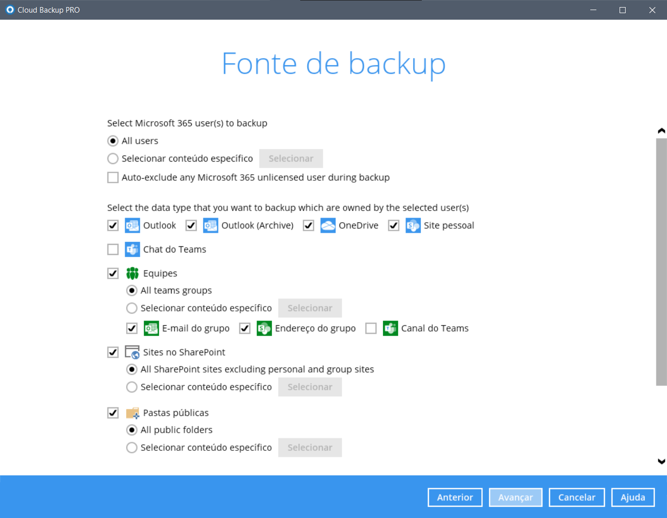 Seleção dos componentes do Microsoft 365 para backup