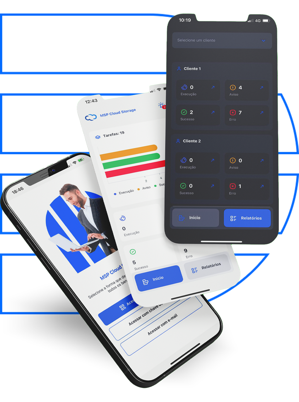 Aplicativo MSP Cloud Storage exibindo o status dos backups em um smartphone